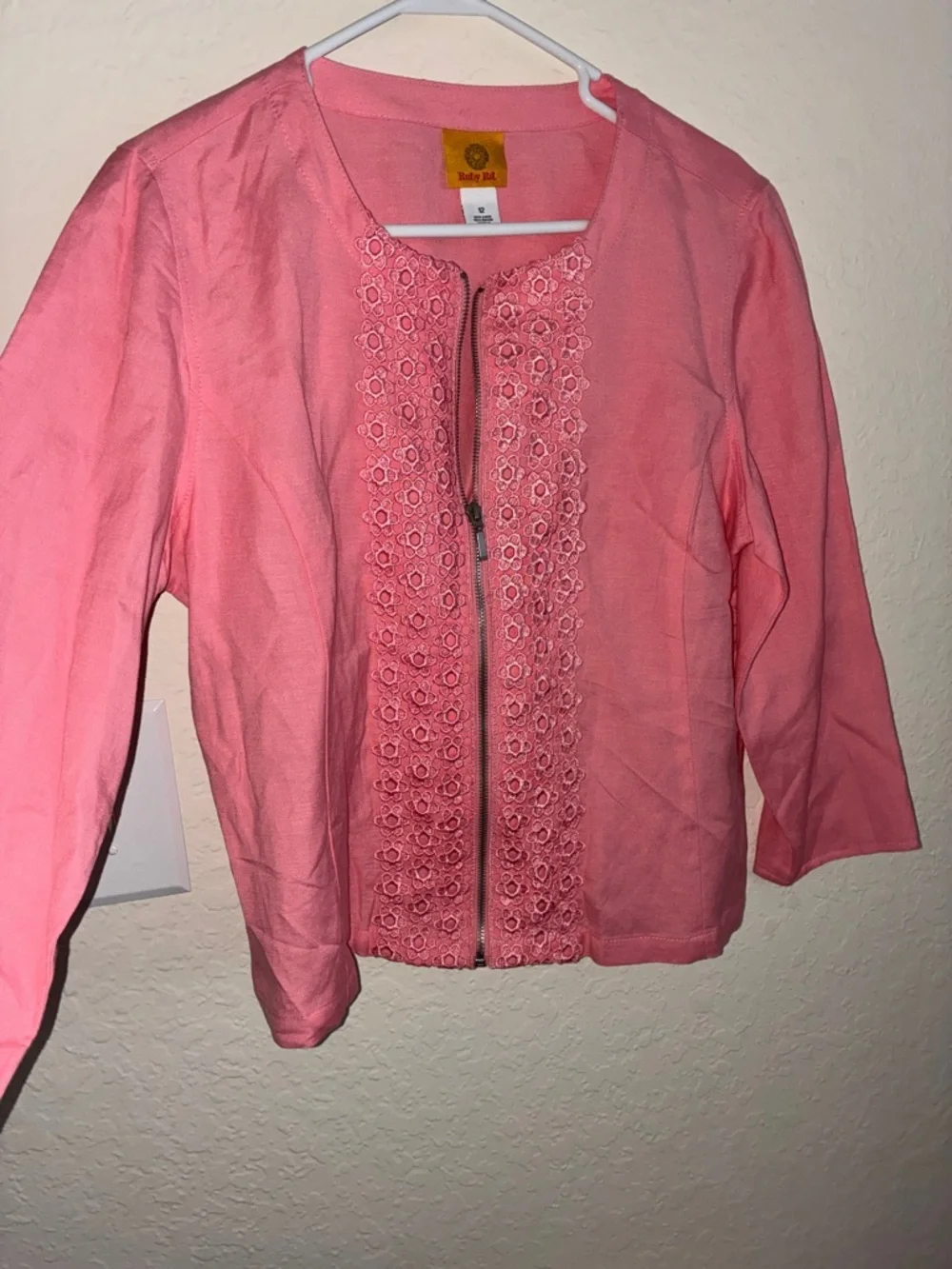 Ruby Rd.  Zip-Up Cardigan with Floral Lace Panel - Picture 3 of 13